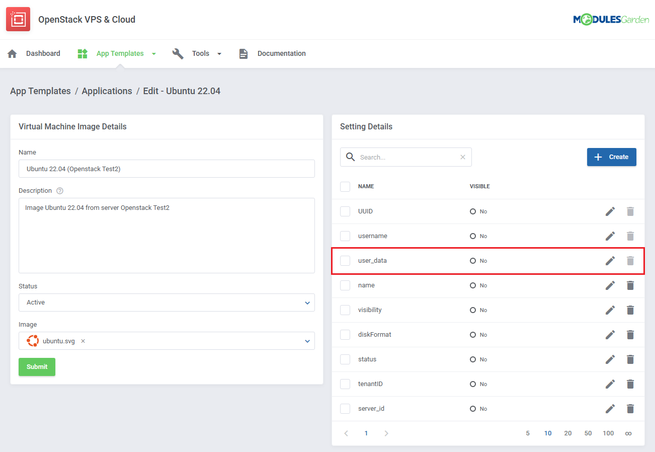 OpenStack VPS And Cloud For WHMCS: image template edit page with the user_data setting highlighted