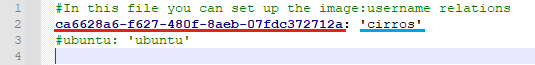 OpenStack VPS And Cloud For WHMCS: text file mapping image IDs to usernames with the cirros image entry highlighted