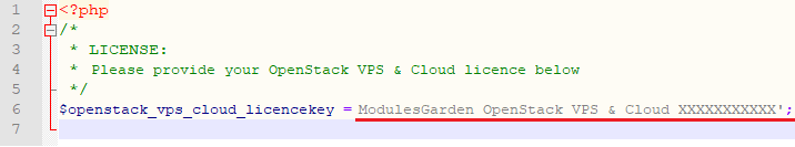 OpenStack VPS And Cloud For WHMCS: license.php file opened in an editor with the license key line underlined
