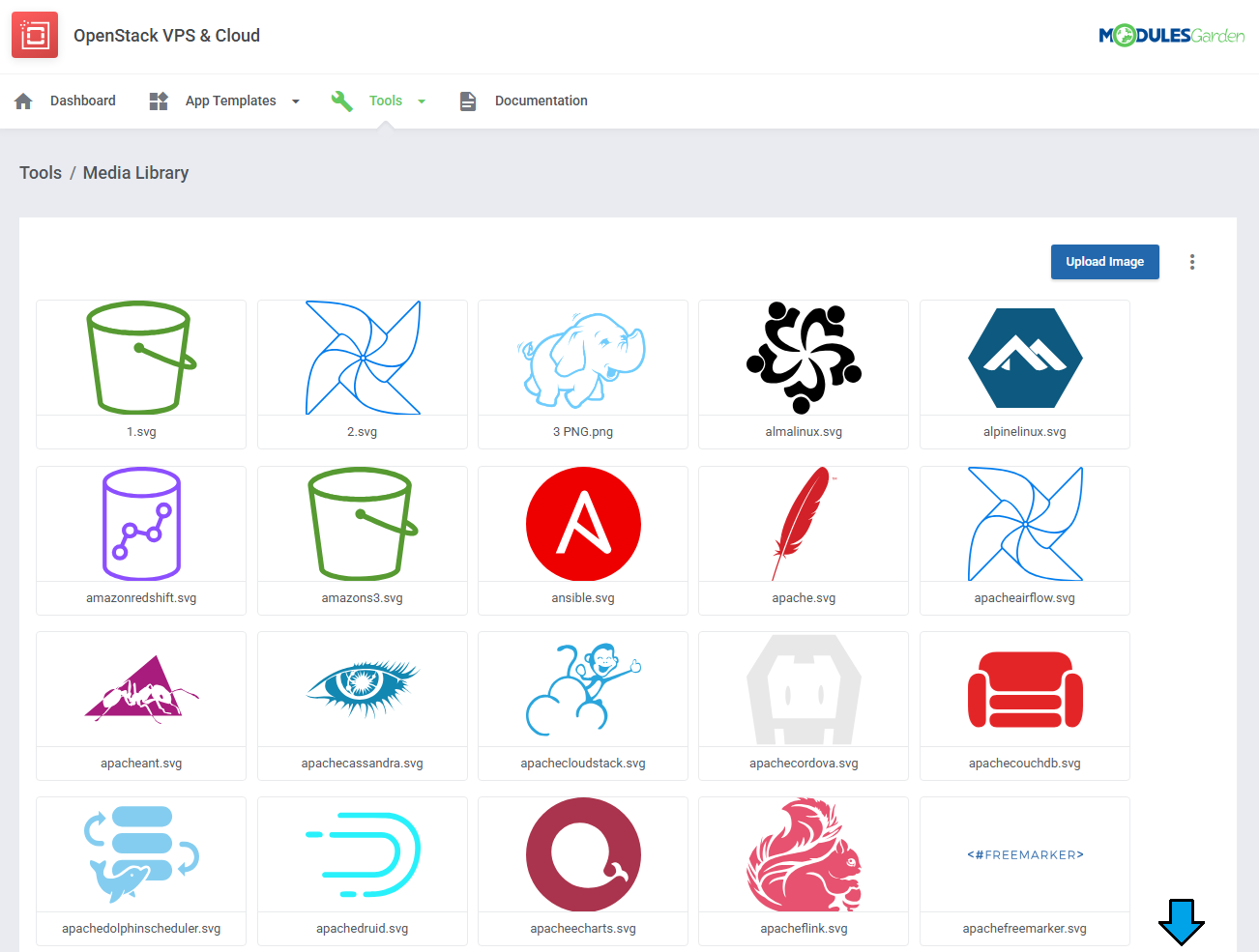 OpenStack VPS And Cloud For WHMCS: Tools Media Library page with image thumbnails and the Upload Image button