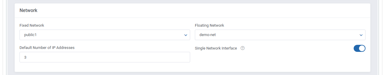 OpenStack VPS And Cloud For WHMCS: Network section with fixed and floating networks, IP count and single interface