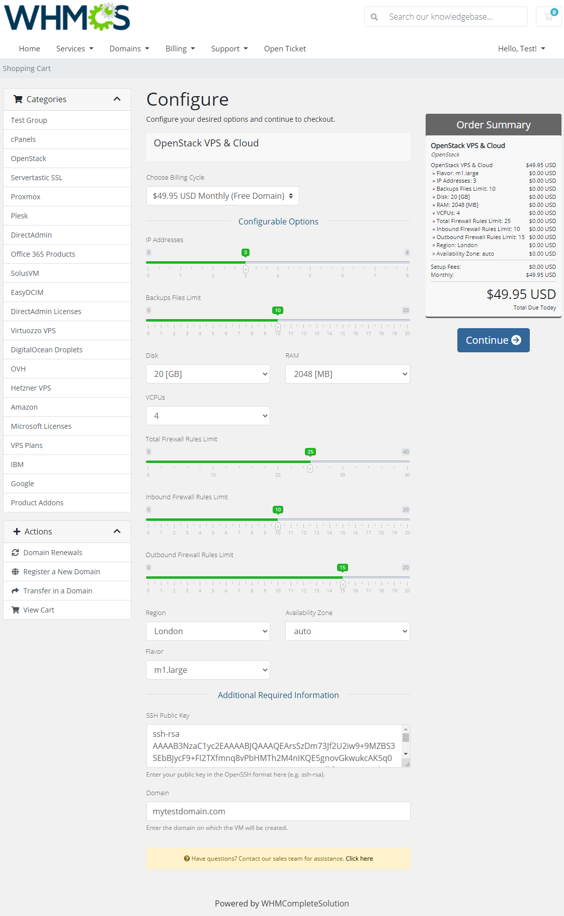 OpenStack VPS And Cloud For WHMCS: WHMCS client area Configure page with the VPS configurable options and order summary