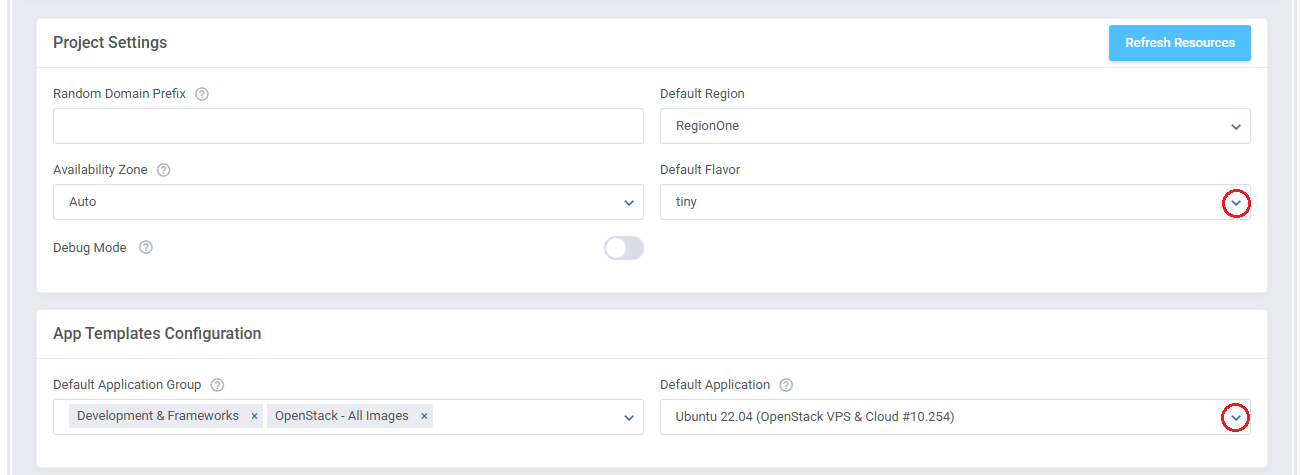 OpenStack VPS And Cloud For WHMCS: Project Settings and App Templates with default flavor and default application