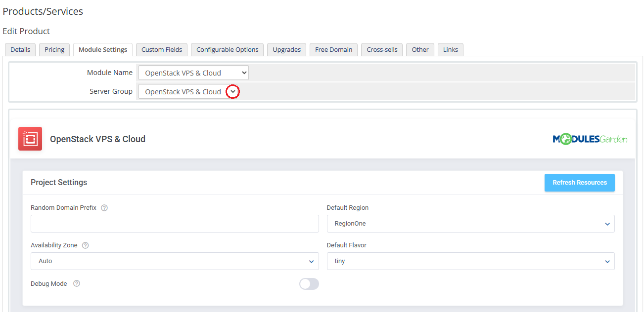 OpenStack VPS And Cloud For WHMCS: product Module Settings tab with the server group dropdown and Project Settings