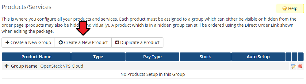 OpenStack VPS And Cloud For WHMCS: WHMCS Products/Services page with the new group listed and Create a New Product