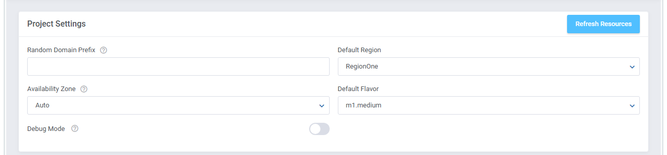 OpenStack VPS And Cloud For WHMCS: Project Settings section with domain prefix, region, availability zone, flavor