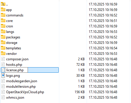 OpenStack VPS And Cloud For WHMCS: file manager listing of the module directory with license.php being renamed
