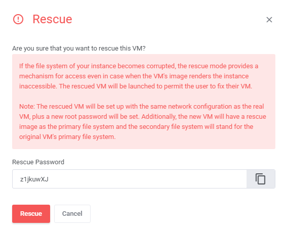 OpenStack VPS And Cloud For WHMCS: Rescue dialog with the warning text, the generated rescue password and the Rescue