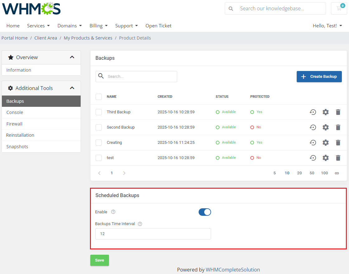 OpenStack VPS And Cloud For WHMCS: WHMCS client area Backups page with the Scheduled Backups section highlighted in red
