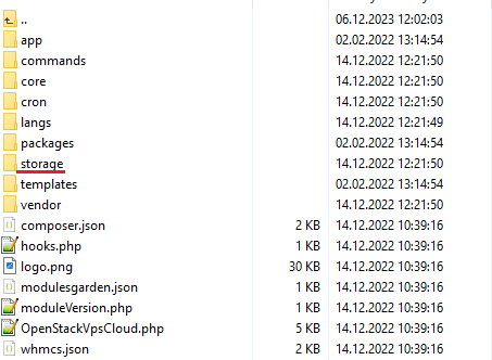 OpenStack VPS And Cloud For WHMCS: file manager listing of the module directory with the storage folder underlined