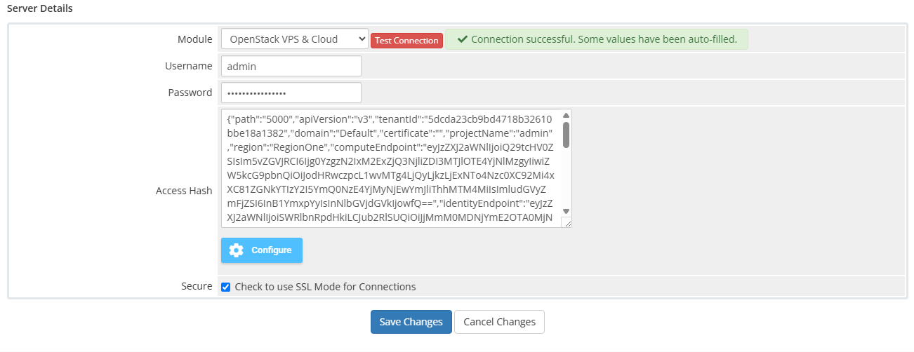 OpenStack VPS And Cloud For WHMCS: server details after a successful Test Connection with the generated Access Hash