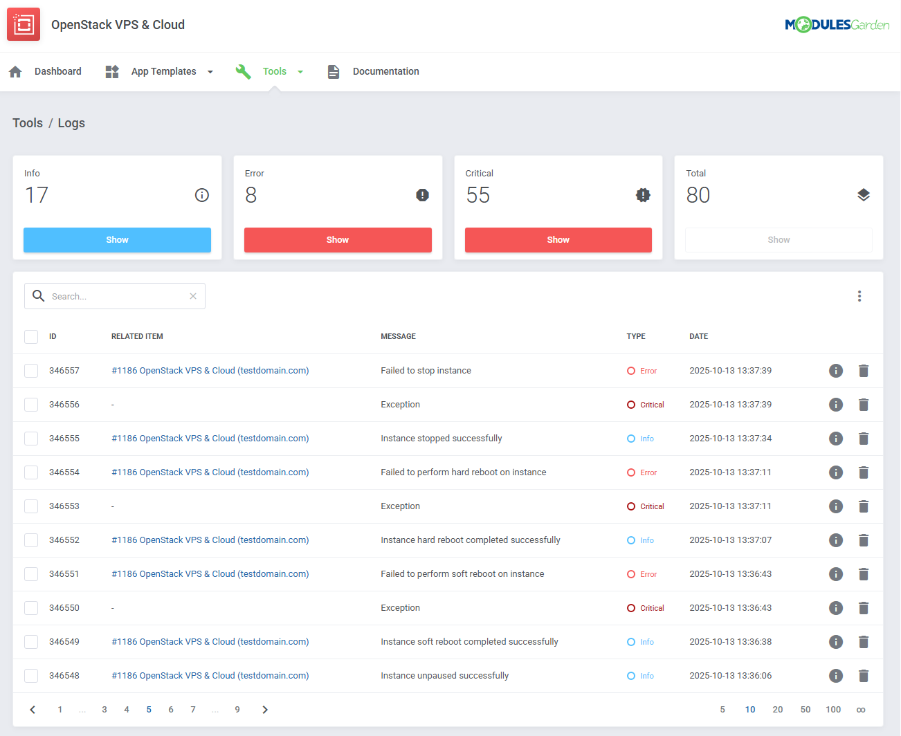 OpenStack VPS And Cloud For WHMCS: Tools Logs page with Info, Error and Critical counters and the module log table