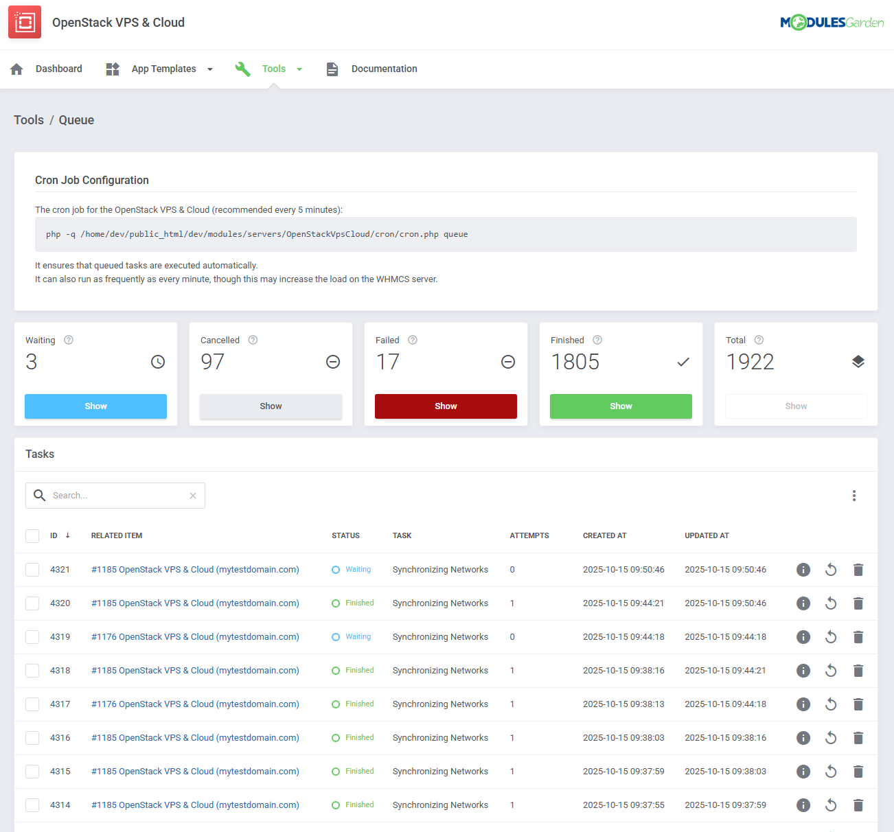 OpenStack VPS And Cloud For WHMCS: Tools Queue page with cron job command, task status counters and the tasks table