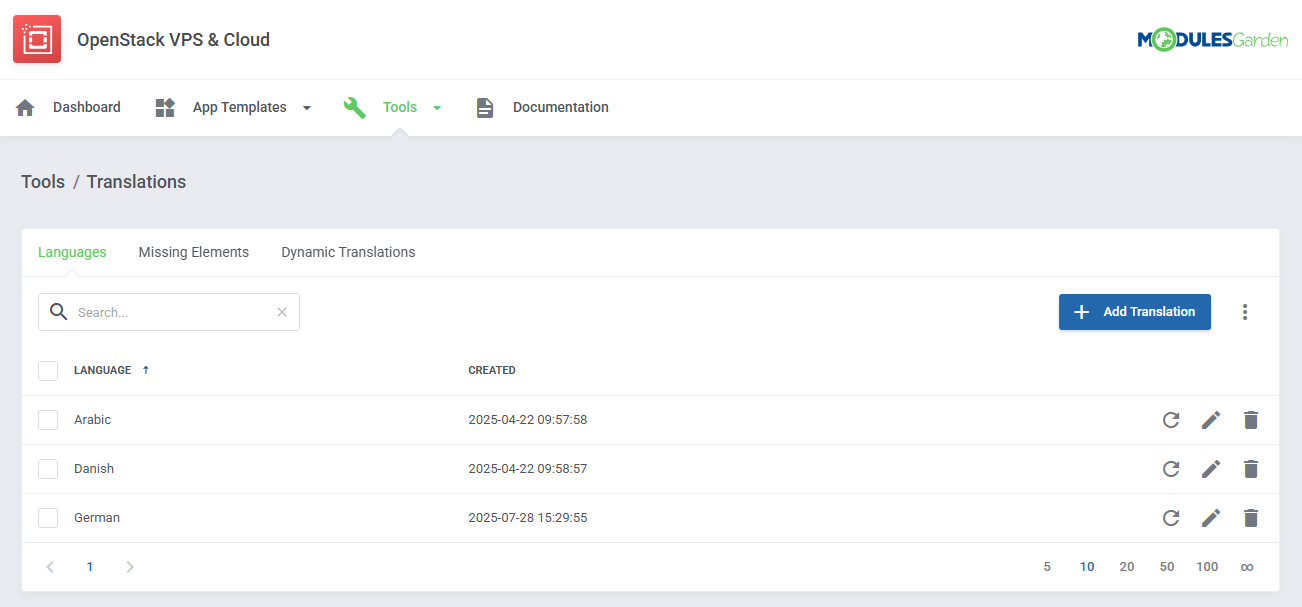 OpenStack VPS And Cloud For WHMCS: Tools Translations page with the list of languages and the Add Translation button