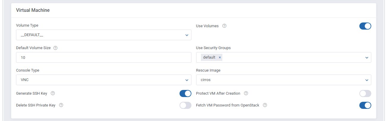 OpenStack VPS And Cloud For WHMCS: Virtual Machine section with volume, security group, console type and SSH key options