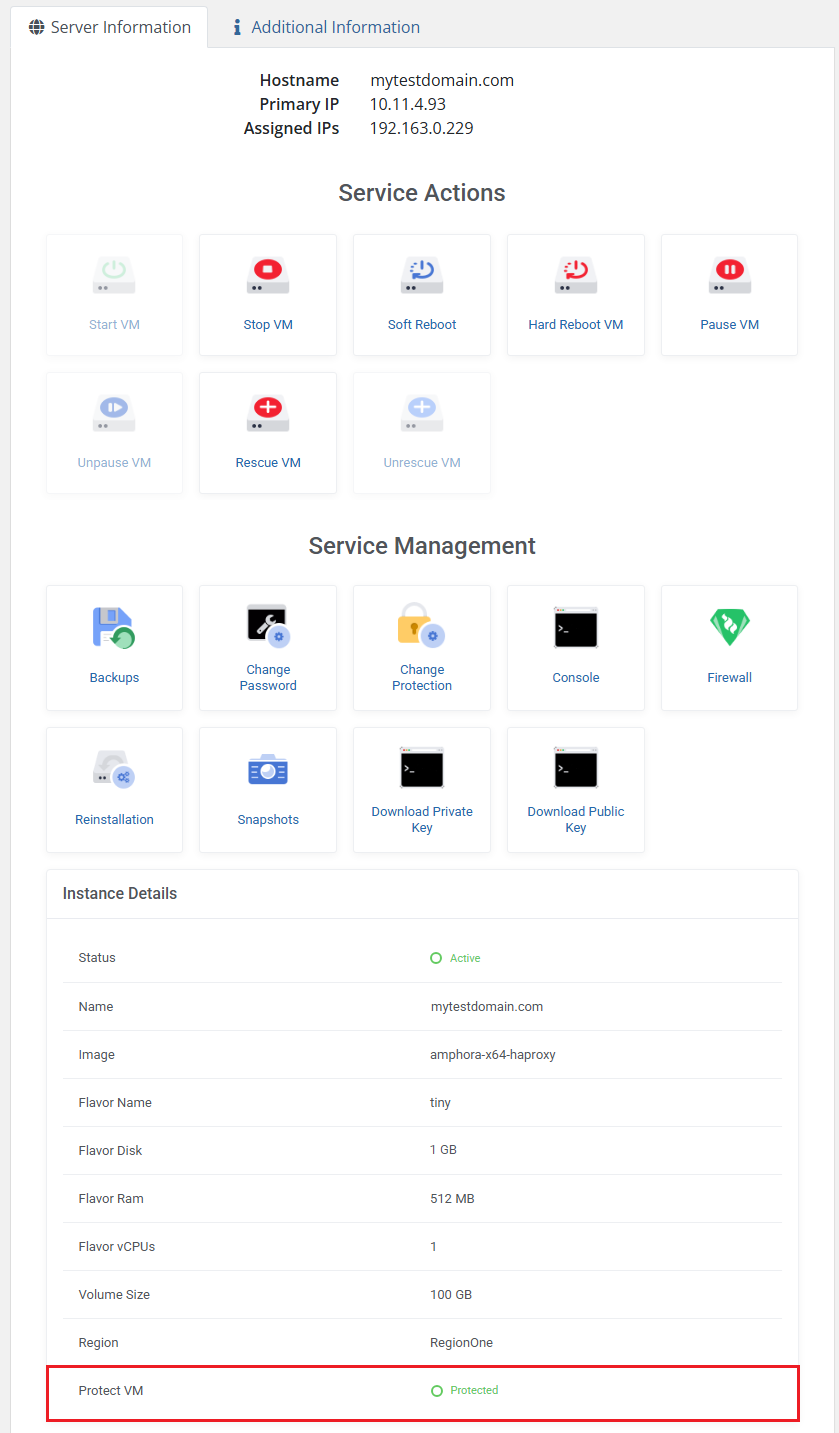 OpenStack VPS And Cloud For WHMCS: WHMCS client area Instance Details with the Protect VM row highlighted as Protected