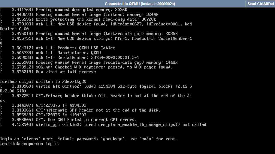 OpenStack VPS And Cloud For WHMCS: VNC console in the browser showing QEMU instance boot messages and a login prompt