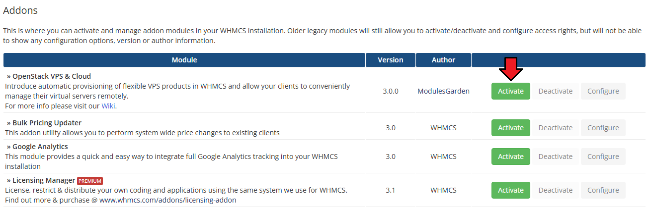 OpenStack VPS And Cloud For WHMCS: WHMCS Addon Modules list with the Activate button next to the OpenStack VPS and Cloud