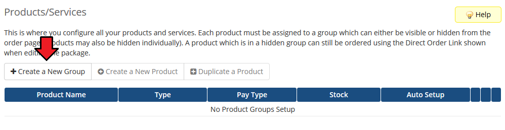 OpenStack VPS And Cloud For WHMCS: WHMCS Products/Services page with the Create a New Group button highlighted