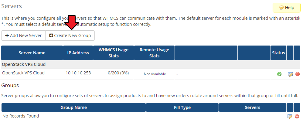 OpenStack VPS And Cloud For WHMCS: WHMCS Servers page with the new server listed and the Create New Group button