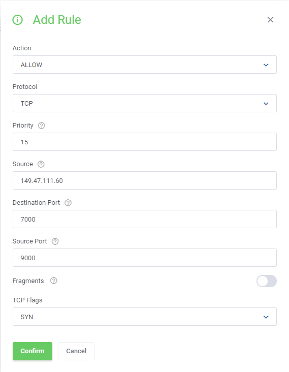 OVHcloud VPS And Dedicated Servers For WHMCS: Add Rule window with action, protocol, priority, source and ports