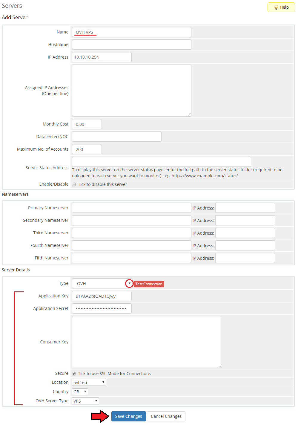 OVHcloud VPS And Dedicated Servers For WHMCS: Add Server form with OVH type, API keys and OVH Server Type fields