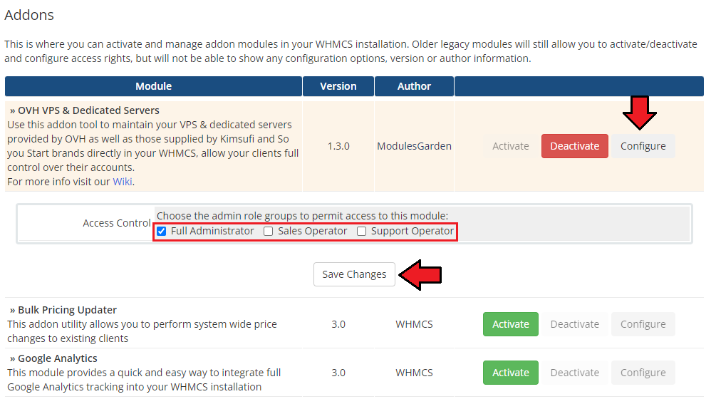 OVHcloud VPS And Dedicated Servers For WHMCS: Addon Modules Configure button, admin role access checkboxes and Save