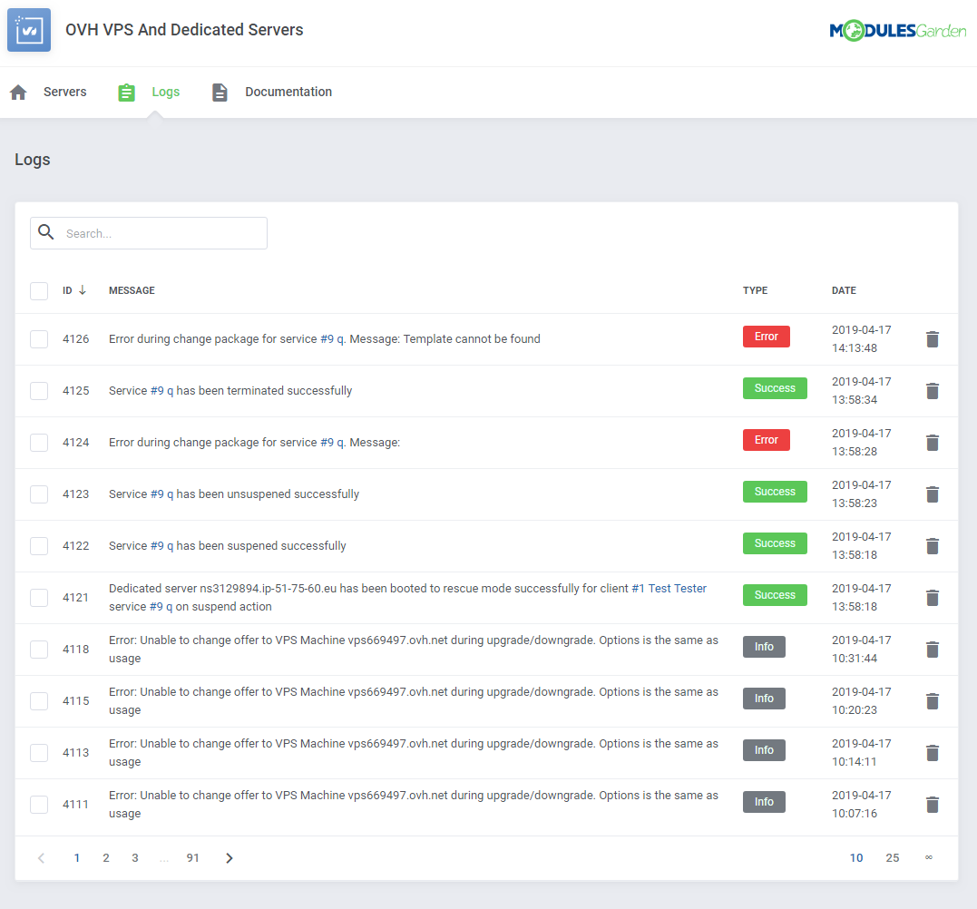 OVHcloud VPS And Dedicated Servers For WHMCS: addon Logs tab listing module actions with error and success types