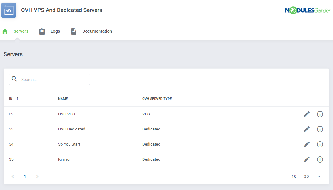 OVHcloud VPS And Dedicated Servers For WHMCS: addon module page with the Servers, Logs and Documentation tabs