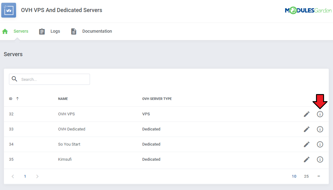 OVHcloud VPS And Dedicated Servers For WHMCS: Servers list with the information icon marked next to OVH VPS