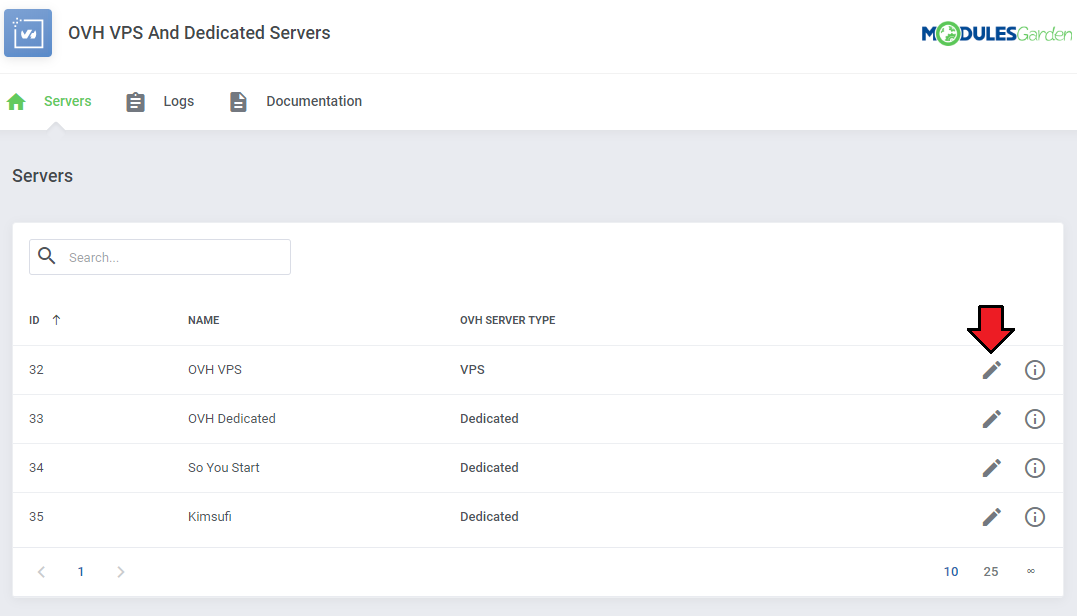 OVHcloud VPS And Dedicated Servers For WHMCS: Servers list in the addon with OVH VPS, OVH Dedicated and Kimsufi
