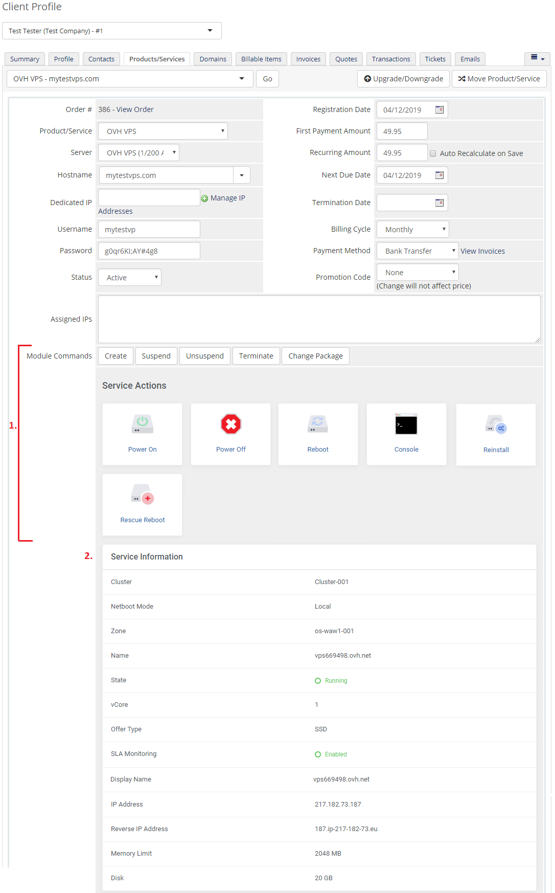OVHcloud VPS And Dedicated Servers For WHMCS: admin service page with module commands and service information