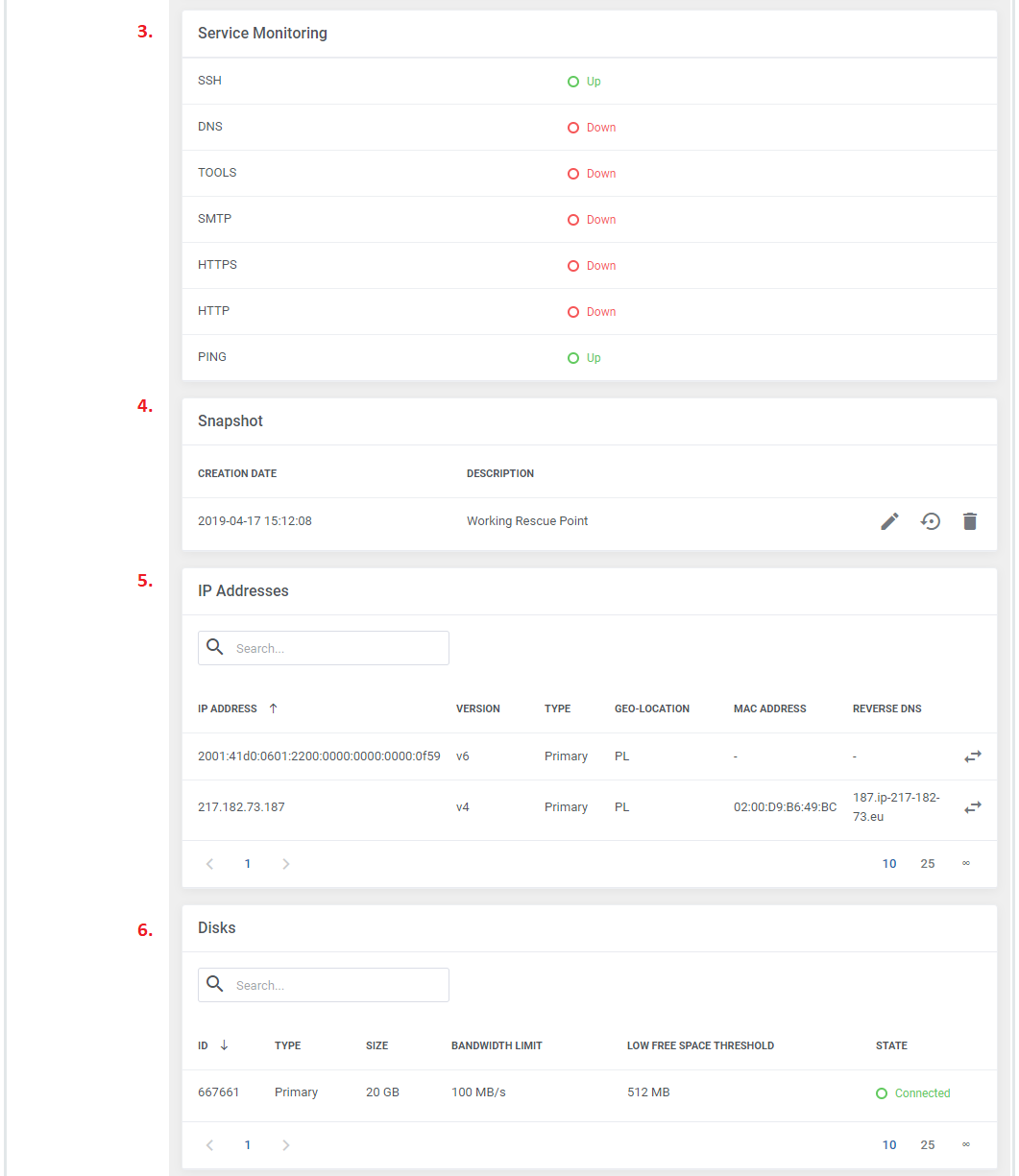 OVHcloud VPS And Dedicated Servers For WHMCS: admin VPS page with monitoring, snapshot, IP addresses and disks