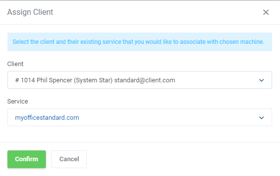 OVHcloud VPS And Dedicated Servers For WHMCS: Assign Client window with client and existing service lists