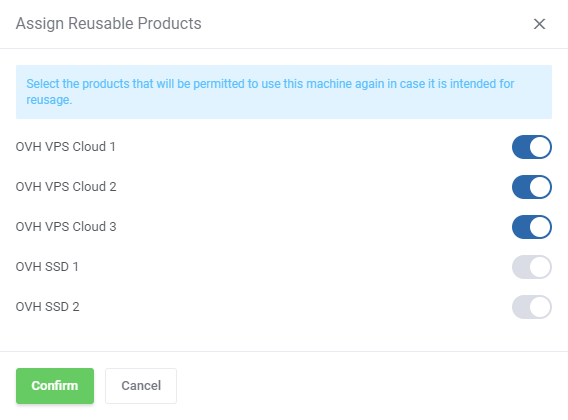 OVHcloud VPS And Dedicated Servers For WHMCS: Assign Reusable Products window with product toggles