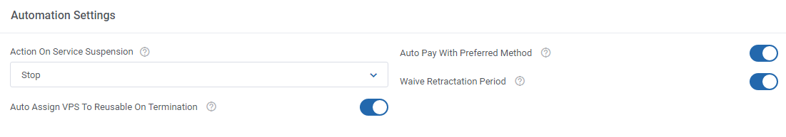 OVHcloud VPS And Dedicated Servers For WHMCS: Automation Settings section with suspension action and toggles