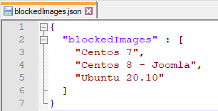 OVHcloud VPS And Dedicated Servers For WHMCS: blockedImages.json file in an editor listing blocked OS images