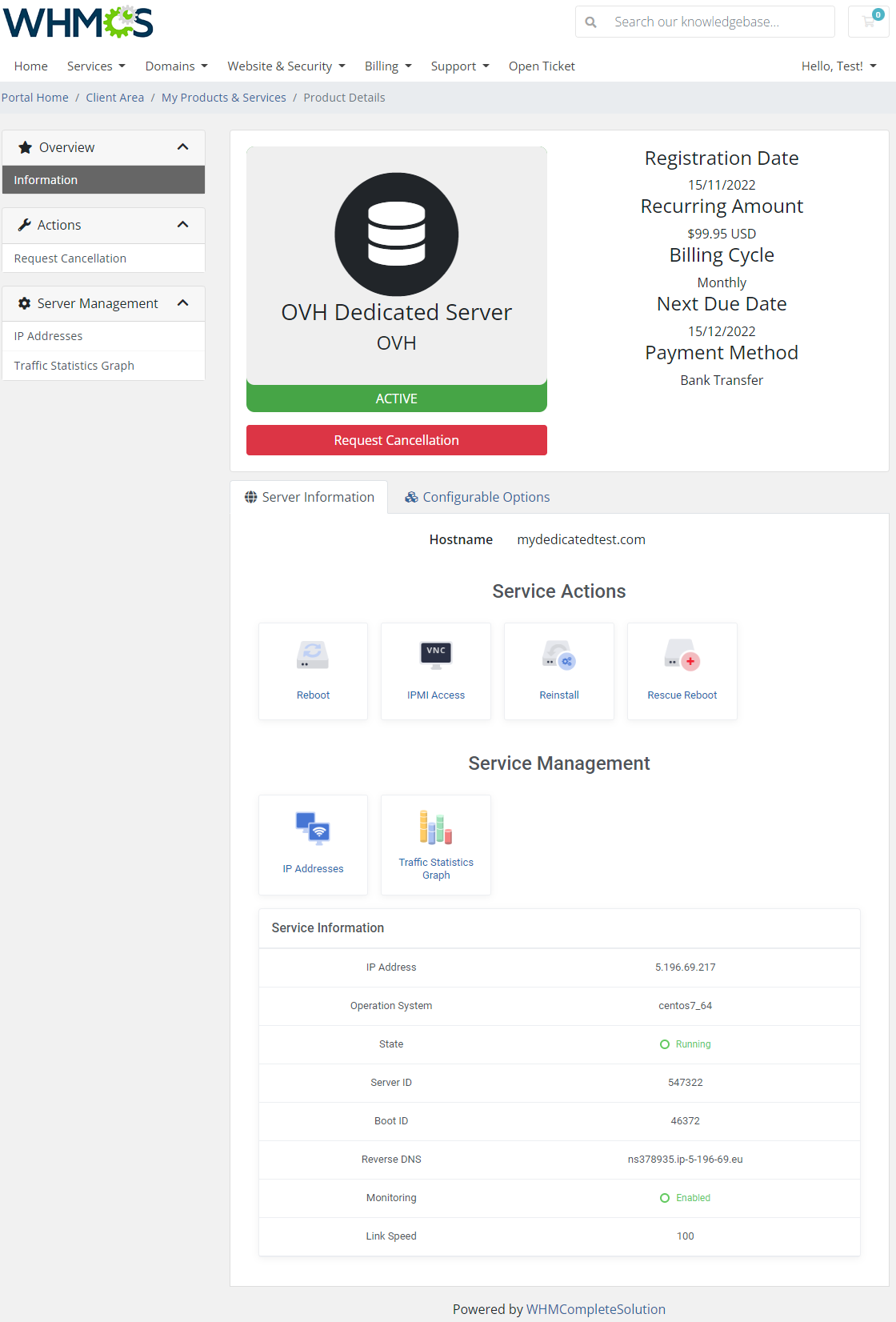 OVHcloud VPS And Dedicated Servers For WHMCS: client area dedicated server details with IPMI access and graph