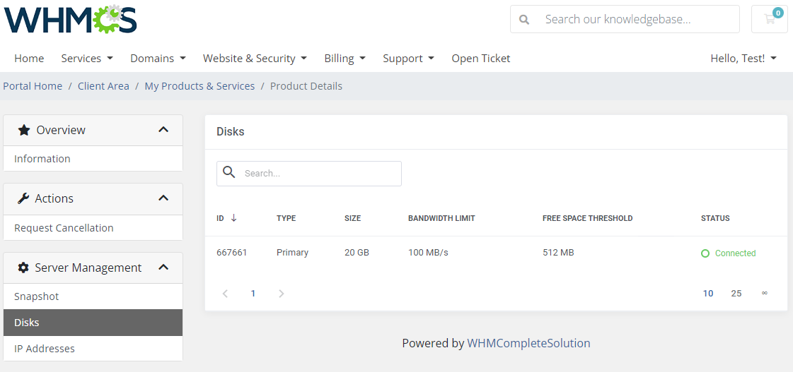 OVHcloud VPS And Dedicated Servers For WHMCS: client area Disks page with ID, type, size, limit and status
