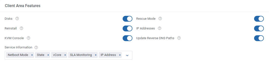 OVHcloud VPS And Dedicated Servers For WHMCS: Client Area Features toggles for disks, reinstall, KVM console and rescue