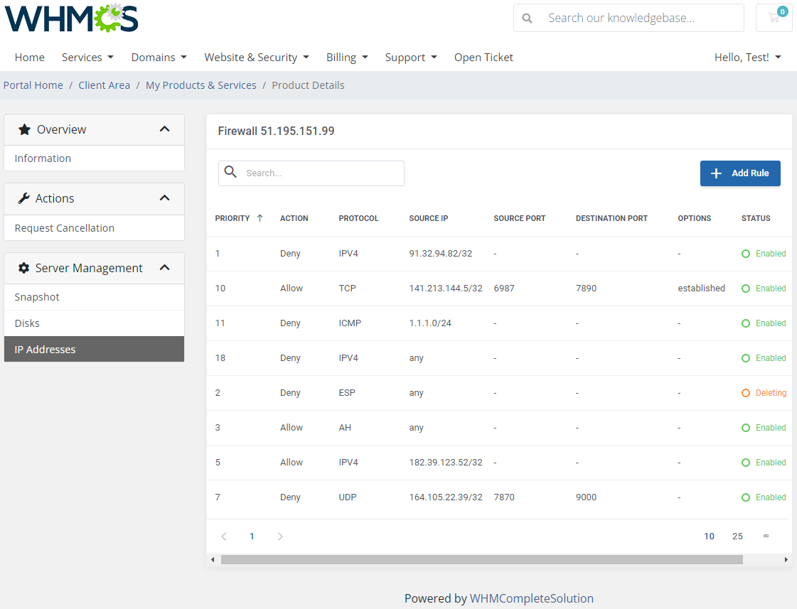 OVHcloud VPS And Dedicated Servers For WHMCS: client area firewall rules list with priority, action and protocol