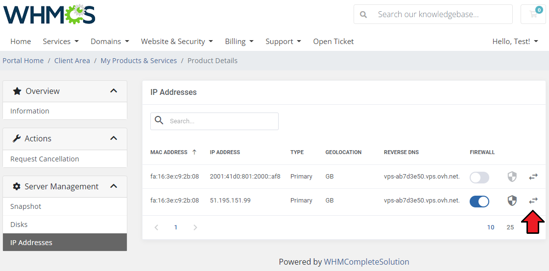 OVHcloud VPS And Dedicated Servers For WHMCS: client area IP Addresses page with firewall toggles and DNS button