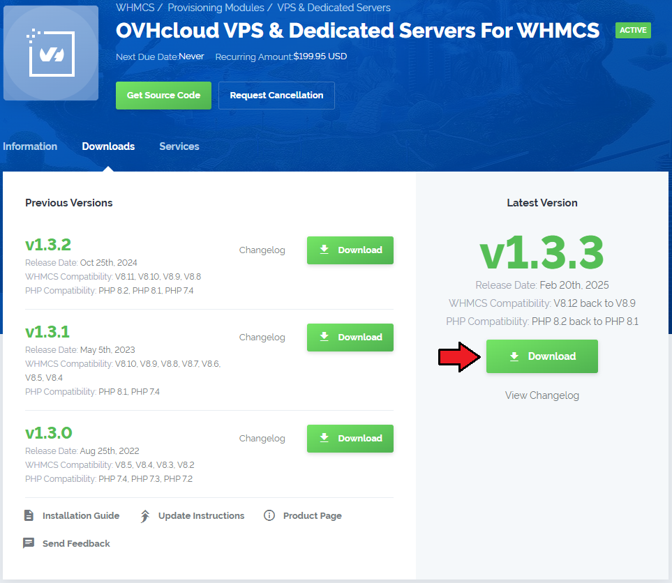 OVHcloud VPS And Dedicated Servers For WHMCS: client area Downloads tab with the Download button for the latest version