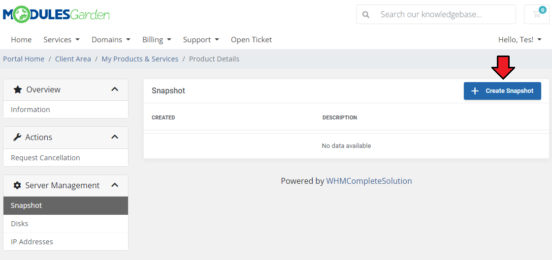 OVHcloud VPS And Dedicated Servers For WHMCS: client area Snapshot page with no data and Create Snapshot marked