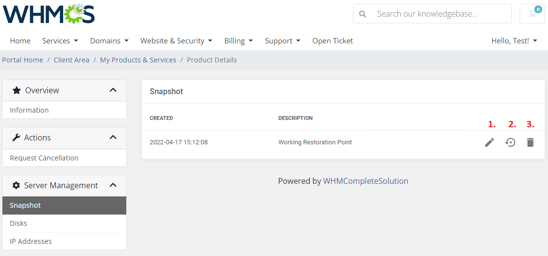 OVHcloud VPS And Dedicated Servers For WHMCS: client area Snapshot page with edit, restore and delete icons