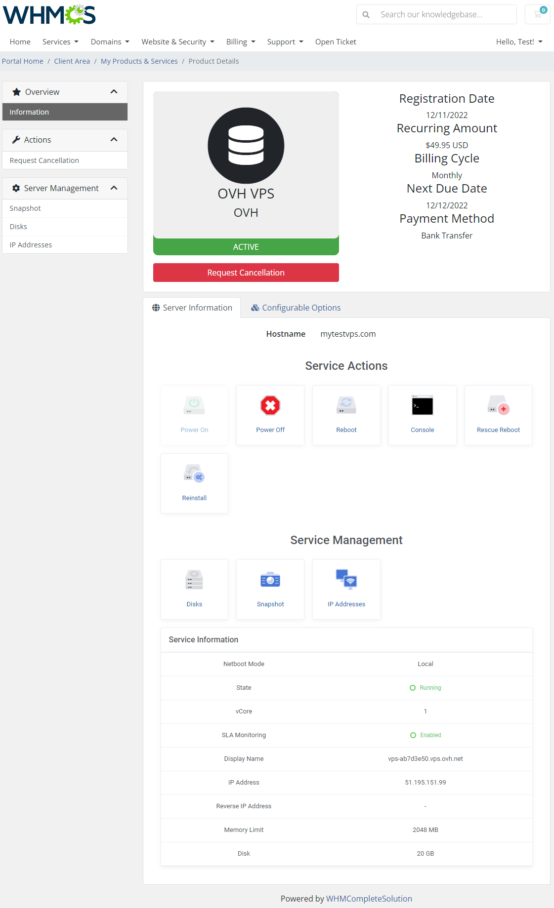 OVHcloud VPS And Dedicated Servers For WHMCS: client area VPS details with service actions and management