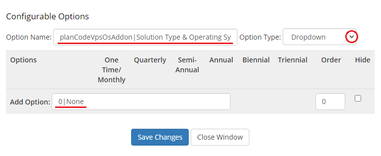 OVHcloud VPS And Dedicated Servers For WHMCS: configurable option form with a Dropdown type and the 0|None option