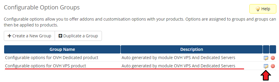 OVHcloud VPS And Dedicated Servers For WHMCS: Configurable Option Groups list with the generated OVH VPS group