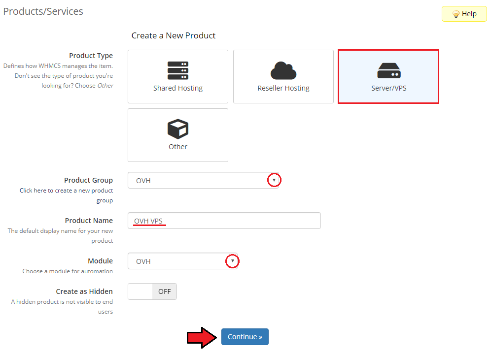 OVHcloud VPS And Dedicated Servers For WHMCS: Create a New Product form with Server/VPS type, OVH group and OVH module