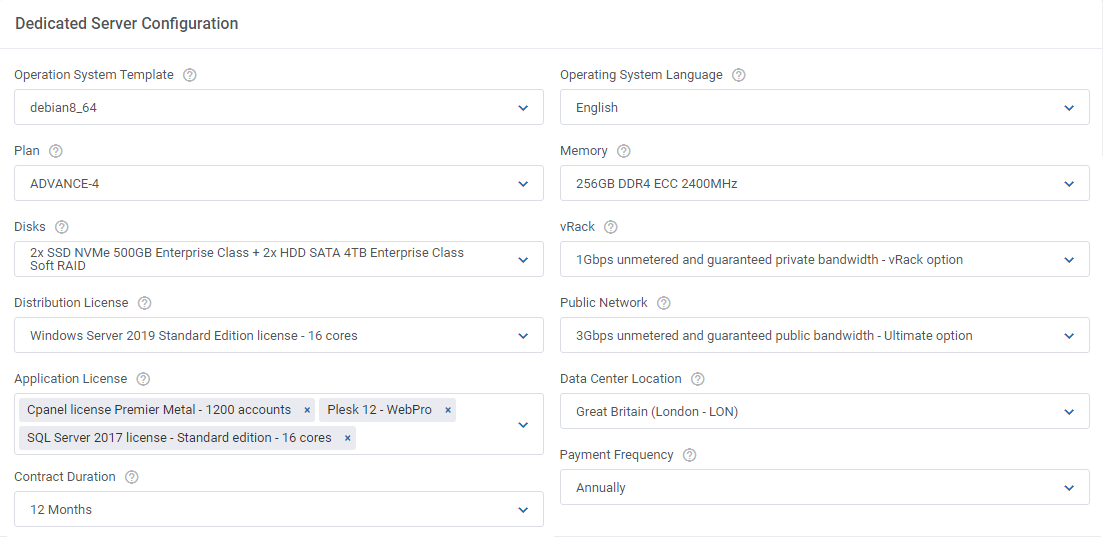 OVHcloud VPS And Dedicated Servers For WHMCS: Dedicated Server Configuration section with OS, plan, disks and memory
